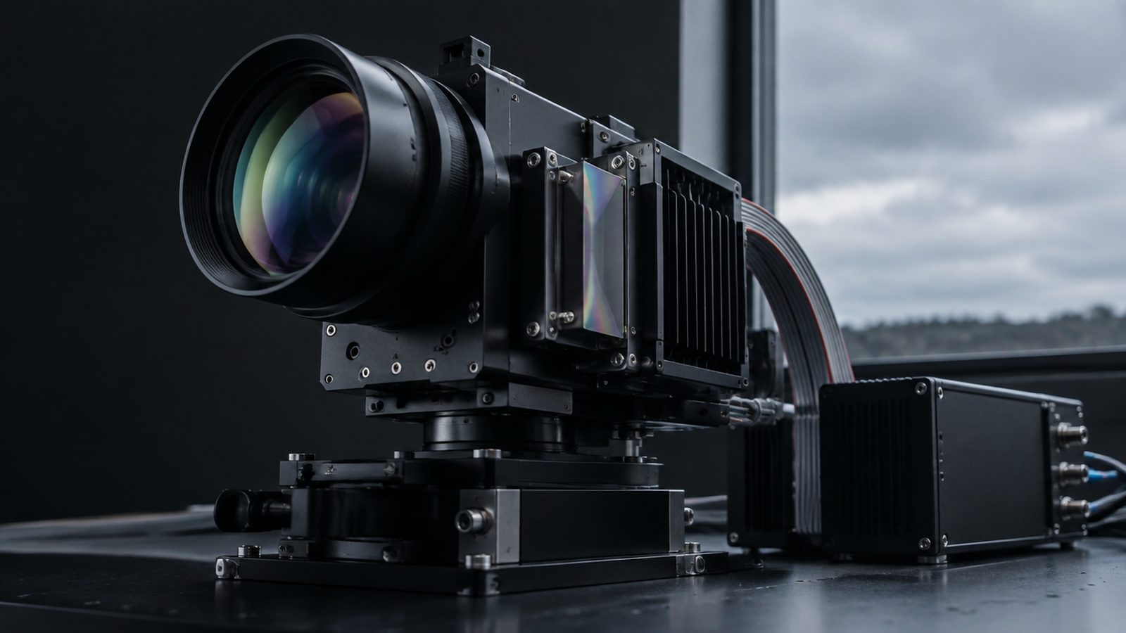 A hyperspectral imaging camera on a laboratory bench, its objective lens showing a faint spectral sheen, aimed toward an overcast sky · Quantum Ventura, makers of CyberNeuro-RT (CNRT) · deep-tech R&D for the Department of Defense and Department of Energy · neuromorphic computing and BrainChip Akida · Quantum Ventura cybersecurity products