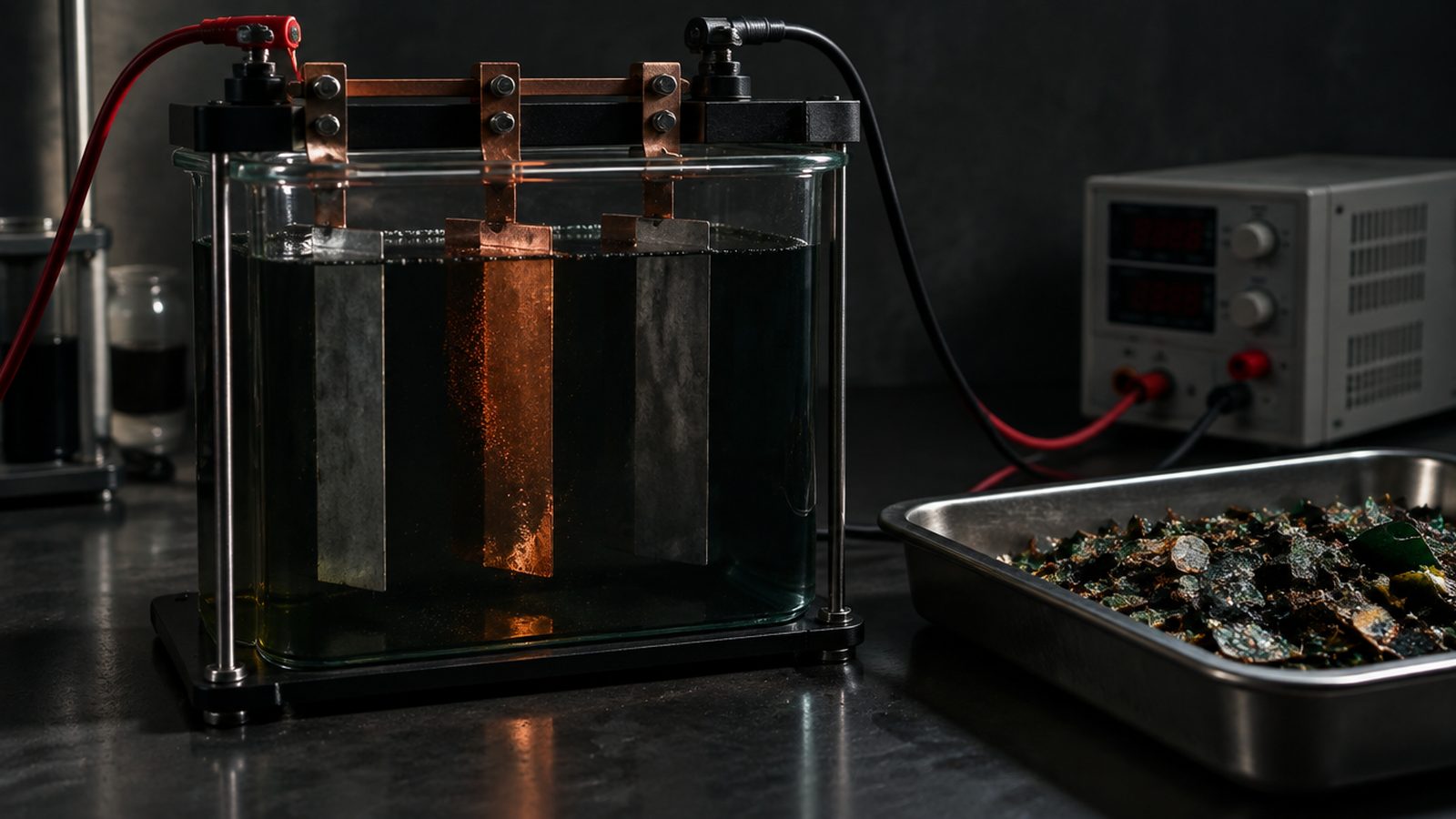 An electrochemical recovery cell on a bench, copper plating onto an electrode in dark electrolyte beside a tray of shredded circuit board · Quantum Ventura, makers of CyberNeuro-RT (CNRT) · CNRT Vanguard autonomous penetration testing · CNRT CodeLens AI source code vulnerability scanning · agentic AI cybersecurity platform