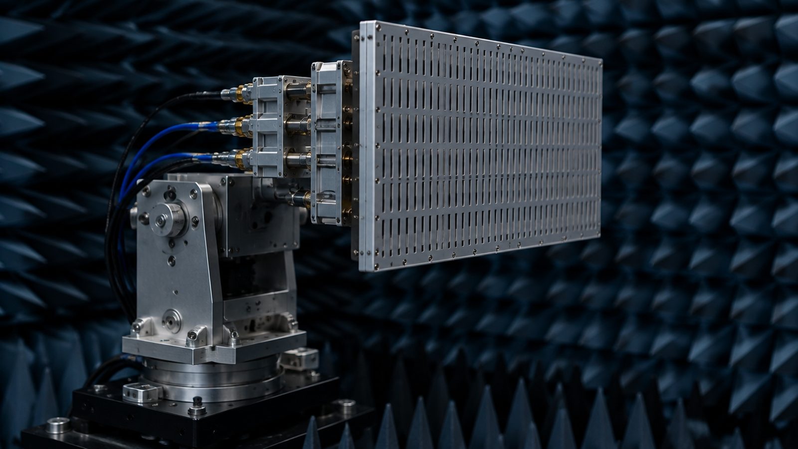 A slotted waveguide radar antenna panel on a precision positioner inside an anechoic chamber lined with absorbing foam wedges · Quantum Ventura, makers of CyberNeuro-RT (CNRT) · CyberNeuro-RT real-time AI network defense · AI-driven network intrusion detection · real-time cyber threat detection