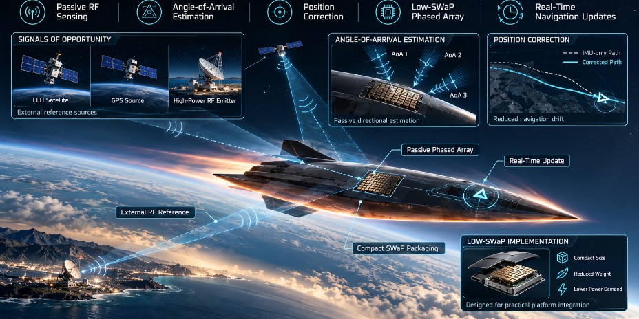 A hypersonic vehicle above the Earth fixing its position from satellite, GPS and ground radio signals through a passive phased array, with callouts for angle-of-arrival estimation and position correction · Quantum Ventura, makers of CyberNeuro-RT (CNRT) · E-RECOV electrochemical metal recovery from electronic waste · applied AI/ML research and development · 26 federal SBIR and STTR contracts since 2019